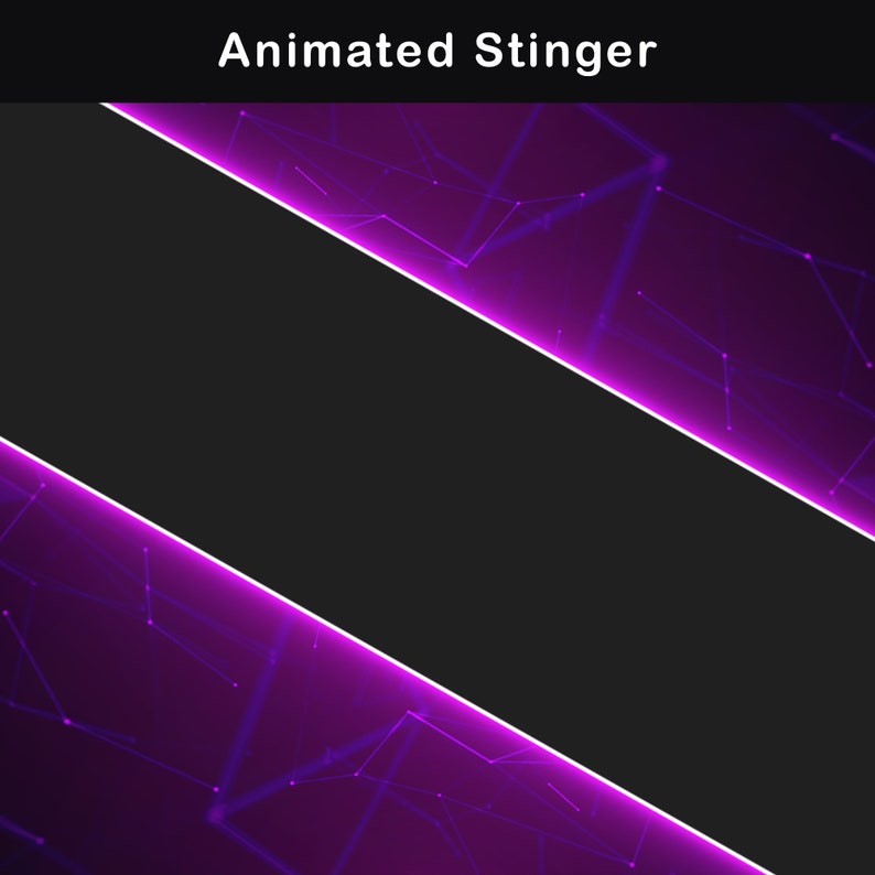 Pink and purple neon stinger transition design with two diagonal glowing bands, bright magenta edge lighting and a geometric digital network texture used as the visual transition between stream scenes.