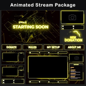 Pack de flux animés jaune néon | Pack de superpositions OBS Twitch minimal, alertes animées, écrans animés, panneaux, transition Stinger, or