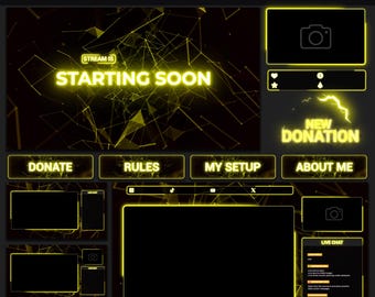 Animated Stream Package Neon Yellow | Minimal Twitch OBS Overlay Pack, Animated Alerts, Animated Screens, Panels, Stinger Transition, Gold
