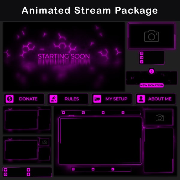 Stream Overlay Package Dark Pink | Minimal Twitch OBS Overlay Pack | Animated Alerts | Webcam Overlay | Panels | Stream Layout | Transition