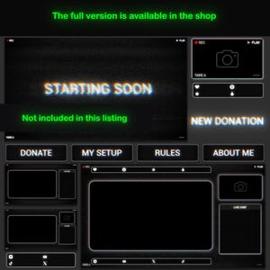 May include: A black and white Twitch stream overlay with a retro glitch effect. The overlay includes a "Starting Soon" banner, a donation button, and sections for live chat, rules, and about me.