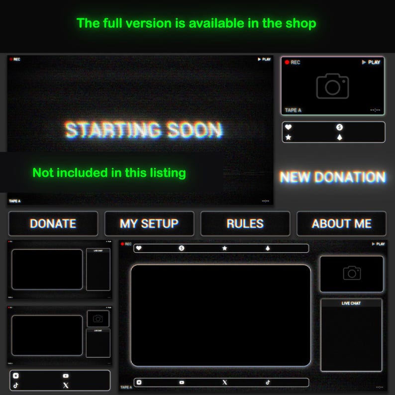 May include: A black and white Twitch stream overlay with a retro glitch effect. The overlay includes a "Starting Soon" banner, a donation button, and sections for live chat, rules, and about me.
