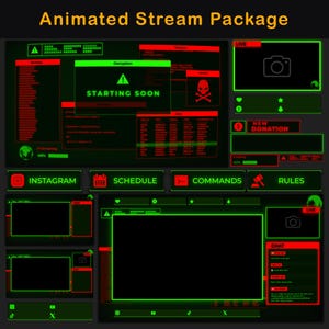Superposición animada retro para Twitch, paquete de transmisión, estilo terminal de computadora verde y rojo, diseño vintage de los 80, compatible con OBS y Streamlabs.