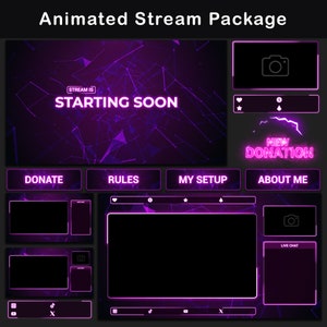 Pacote de sobreposição de fluxo rosa e roxo | Pacote mínimo de sobreposição Twitch OBS | Alertas animados | Sobreposição de webcam | Painéis | Transição de fluxo