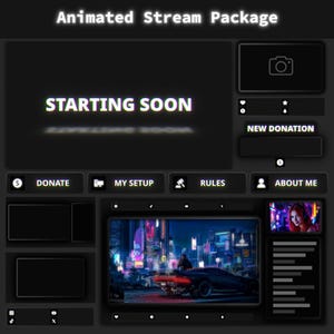 Animated Twitch Overlay Package for OBS in Dark Mode. Minimalist Stream Pack with Panels, Alerts & Stream Screens