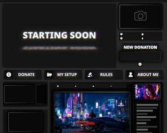 Animated Twitch Overlay Package for OBS in Dark Mode. Minimalist Stream Pack with Panels, Alerts & Stream Screens