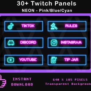 36 Twitch panels NEON Multicolor (pink, blue, cyan) | neon panels for Twitch | Twitch profile panels | Glow | Simplistic | Streaming Panels