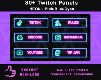 36 Twitch panels NEON Multicolor (pink, blue, cyan) | neon panels for Twitch | Twitch profile panels | Glow | Simplistic | Streaming Panels