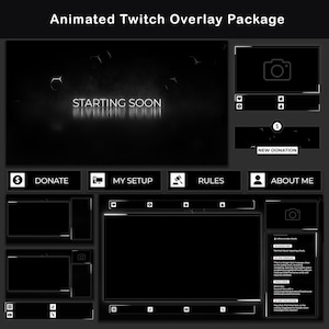 Black & White Twitch Overlay Package | Minimal Animated Stream Package | Alerts, Screens, Panels, Chatbox | Dark Theme Stream Overlays