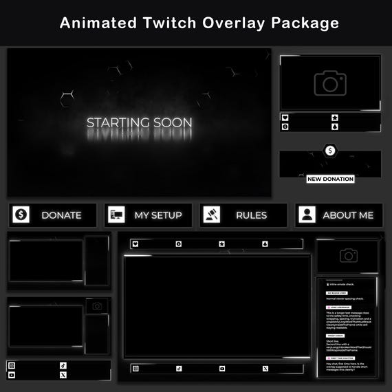 Black & White Twitch Overlay Package | Minimal Animated Stream Package | Alerts, Screens, Panels, Chatbox | Dark Theme Stream Overlays