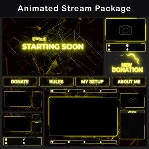Pacote de fluxo animado Neon Yellow | Pacote de sobreposição Minimal Twitch OBS, alertas animados, telas animadas, painéis, transição Stinger, ouro