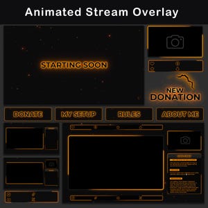Oranje Twitch-overlaypakket, geanimeerde streamoverlay voor OBS en Streamlabs, minimalistisch zwart-oranje streampakket met chatwidget.