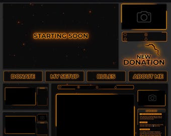 Orange Twitch Overlay Package, Animated Stream Overlay for OBS and Streamlabs, Minimalist Black and Orange Stream Pack with Chat Widget