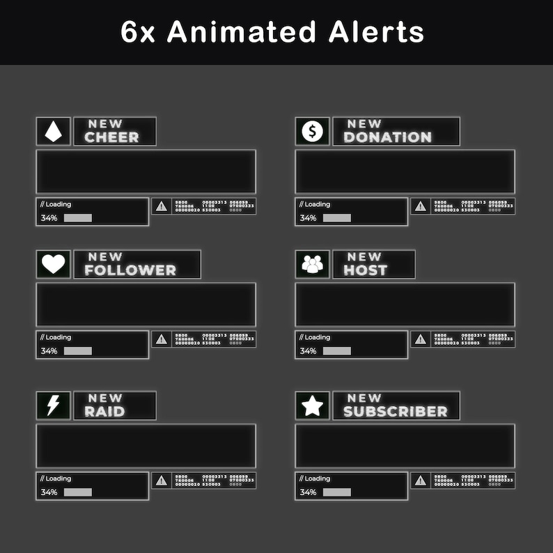 A set of six animated alerts for Twitch, including cheer, donation, follower, host, raid, and subscriber notifications with a sleek retro look.
