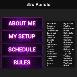 Pink and purple neon Twitch panel design with glowing magenta borders, geometric digital background and large readable panel labels such as About Me, My Setup, Schedule and Rules, plus a full list of matching panel names.