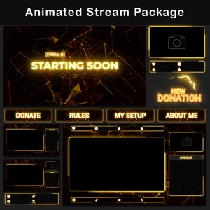 Pacote de fluxo animado laranja | Pacote de sobreposição Minimal Twitch OBS, alertas animados, telas animadas, painéis, transição Stinger, néon, dourado