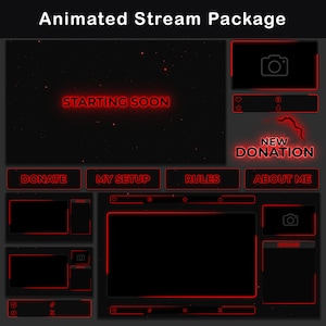 Pacote de sobreposição de Twitch animado, sobreposição de OBS de fluxo minimalista para VTuber, pacote de layout de fluxo preto e vermelho | Alertas, Painéis, Webcam, Chatbox