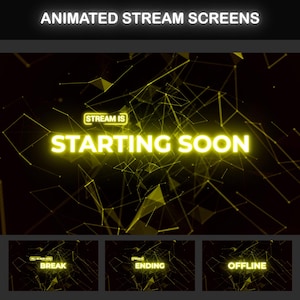 Animated Background Stream Starting Soon, Be Right Back, Dark Minimalist Twitch Overlay Pack | Black & Yellow OBS Overlays, Stream Overlays