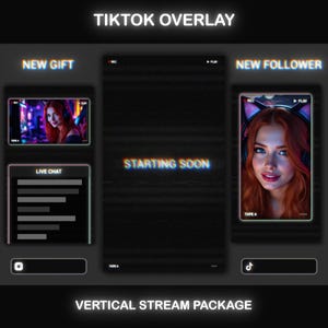 Puede incluir: Un paquete de transmisión vertical con fondo negro y texto de neón. El paquete incluye una pantalla "Starting Soon", una superposición "New Gift" y "New Follower", y un cuadro "Live Chat". También se incluye el texto "TikTok Overlay" y "Vertical Stream Package".