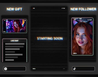 TikTok Live Overlay Pack, Dark Vertical Pixelated Retro TV VHS Style with Glitch Text Screens, Animated Stream Layout for Mobile Streaming
