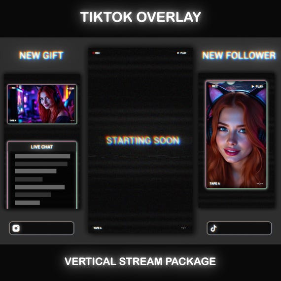 TikTok Live Overlay Pack, Dark Vertical Pixelated Retro TV VHS Style with Glitch Text Screens, Animated Stream Layout for Mobile Streaming