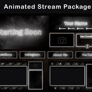 Animiertes Twitch-Overlay-Paket | Weißes Neon-Stream-Overlay | Warnungen, Webcam, Panels, Übergänge | OBS und Streamlabs bereit