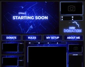 Animated Stream Package Neon Blue | Minimal Twitch OBS Overlay Pack | Animated Alerts | Animated Screens | Panels | Stinger | Transition