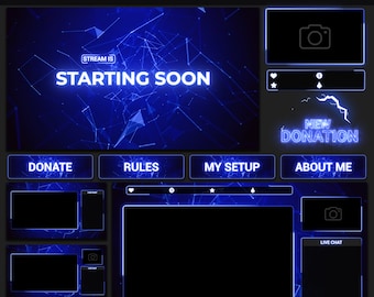 Animated Stream Package Neon Blue | Minimal Twitch OBS Overlay Pack | Animated Alerts | Animated Screens | Panels | Stinger | Transition