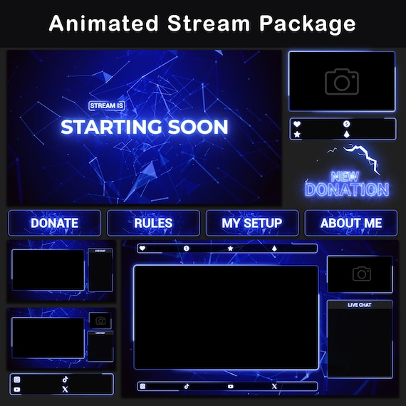 Animated Stream Package Neon Blue | Minimal Twitch OBS Overlay Pack | Animated Alerts | Animated Screens | Panels | Stinger | Transition