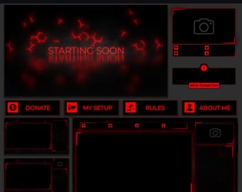Paquete de superposiciones negras y rojas para Twitch / Paquete de transmisión animada minimalista / Alertas, pantallas, paneles, cortinilla, chat, superposiciones de transmisión con tema oscuro