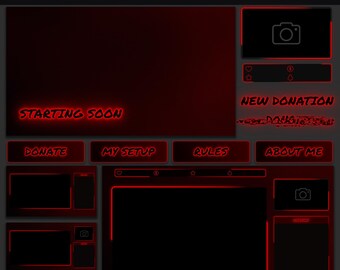 Animated Twitch Overlay Pack, Dark Red Neon Stream Layout, Clean Minimalist OBS Stream Package with Glitch Alerts, Webcam, Chatbox, Panels