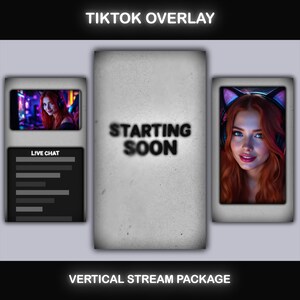 Può includere: Un pacchetto di streaming verticale con un design di sovrapposizione TikTok. Il design include una schermata "Starting Soon", un display di chat dal vivo e un ritratto di una donna con i capelli rossi e cuffie con orecchie da gatto. È presente anche il testo "TikTok Overlay" e "Vertical Stream Package".