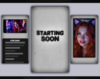 May include: A vertical stream package with a TikTok overlay design. The design includes a "Starting Soon" screen, a live chat display, and a portrait of a woman with red hair and cat ear headphones. The text "TikTok Overlay" and "Vertical Stream Package" are also present.