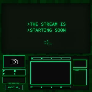 Retro Stream Overlay-pakket – Geanimeerde groene CRT Twitch-overlays voor OBS & Streamlabs, Pixel PC-layoutpakket