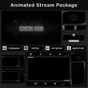 Pacote de sobreposição Twitch preto e branco | Pacote Mínimo de Stream Animado | Alertas, Telas, Painéis, Chatbox | Sobreposições de fluxo de tema escuro