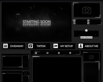 Black & White Twitch Overlay Package | Minimal Animated Stream Package | Alerts, Screens, Panels, Chatbox | Dark Theme Stream Overlays