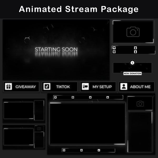 Paquete de superposición de Twitch en blanco y negro | Paquete de transmisión animada mínima | Alertas, Pantallas, Paneles, Chatbox | Superposiciones de secuencias de temas oscuros