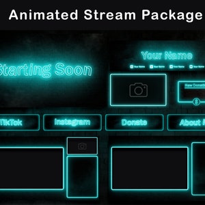 Cyan Neon Twitch Overlay Animated Package | Stream Overlay Bundle | Twitch Alerts, Panels, Stream Transition, Webcam Overlay