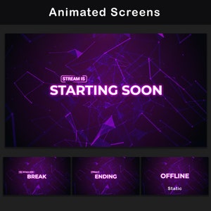 Pink and purple neon stream screens with a geometric digital network background and large glowing text for Starting Soon, Break, Ending and Offline, designed as matching full-screen scenes for a stream overlay package.