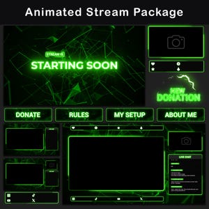Animer le package de superposition Twitch | Pack de superpositions Minimal Green Steram OBS, alertes Twitch, superposition de webcam, panneaux Twitch, transition de flux