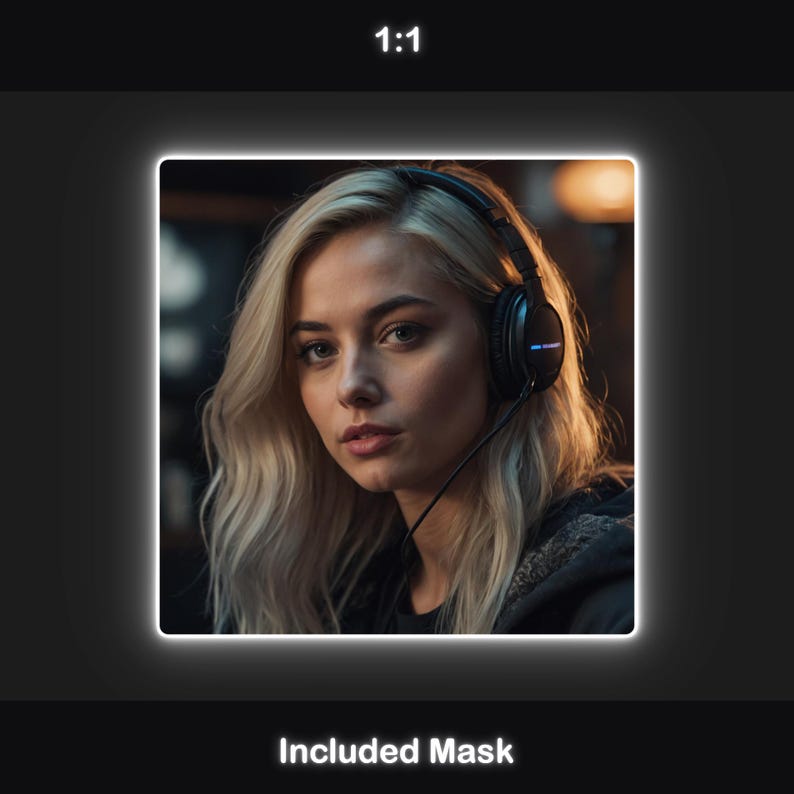 Square webcam frame with a white neon border that flickers, offering a contemporary and lively aesthetic to streaming presentations.