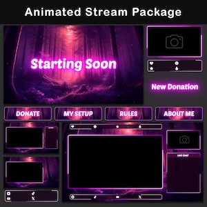 Puede incluir: Superposición de paquete de transmisión animada con un fondo de bosque morado y rosa. La superposición incluye una pantalla de inicio pronto, una alerta de donación, una ventana de chat en vivo y botones para donar, mi configuración, reglas y sobre mí.