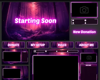 May include: Animated stream package overlay with a purple and pink forest background. The overlay includes a starting soon screen, a donation alert, a live chat window, and buttons for donate, my setup, rules, and about me.