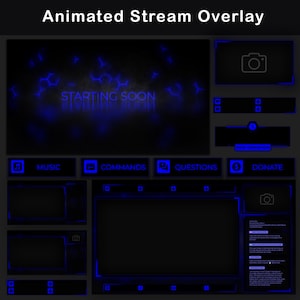 Pacchetto di overlay Twitch blu scuro, overlay animato per streaming per OBS e Streamlabs, pacchetto di streaming minimalista, widget di chat, avvisi, cornici per webcam.