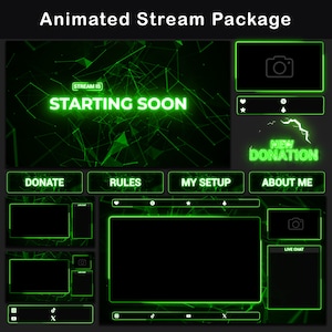 Pacote de sobreposição do Twitch Animate | Pacote de sobreposição de Steram OBS verde mínimo, alertas de Twitch, sobreposição de webcam, painéis de Twitch, transição de transmissão