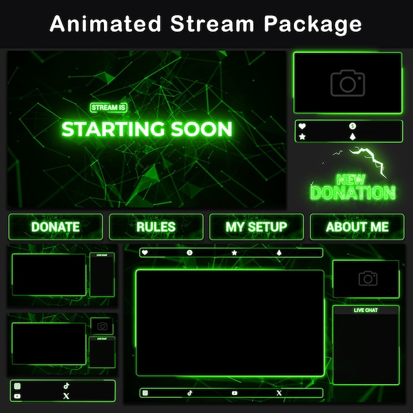 Animate Twitch Overlay Package | Minimal Green Steram OBS Overlay Pack, Twitch Alerts, Webcam Overlay, Twitch Panels, Stream Transition