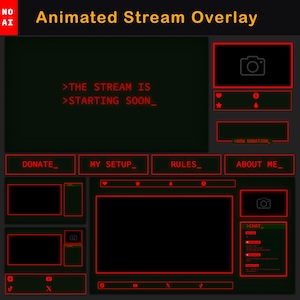 Animated Twitch Overlay Package, Retro CRT Stream Overlay Pack, Red Terminal OBS Overlay, Pixel PC Twitch Stream Package, Streamlabs