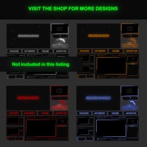 May include: Four different Twitch stream overlays with a black background and neon colored accents. The overlays include sections for "Donate", "My Setup", "Rules", and "About Me". The text "Starting Soon" is displayed in the top center of each overlay. The text "New Donation" is displayed in the top right corner of each overlay. The overlays are designed in red, orange, blue, and white.