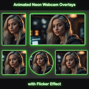 Puede incluir: Una mujer con auriculares con un brillo verde neón alrededor de su cabeza. La imagen es un collage de cuatro fotos diferentes de la mujer, con el texto "Animated Neon Webcam Overlays with Flicker Effect" en la parte inferior.