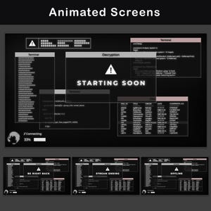 Animated screens in retro terminal style, including "Starting Soon," "Be Right Back," and "Stream Ending" screens with glitch effects.